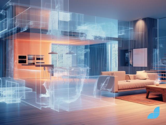 Modern house interior with digital hologram effect interior modern living room with glowing lights 3D rendering AI-generated