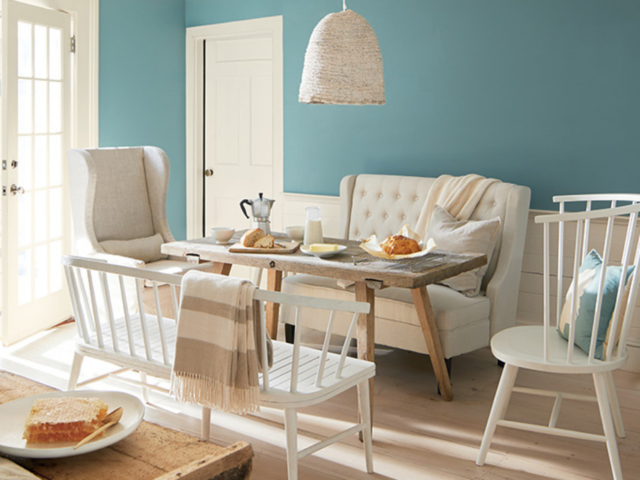 A picture of designer Benjamin Moore using the colour of the year 2021 - Aegean Teal 2136-40. 
