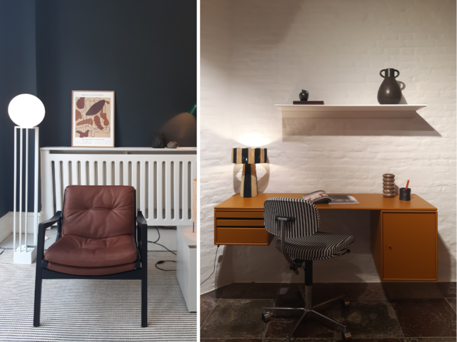Left: A chair, lamp and heating. Right: An office design with different colours. 
