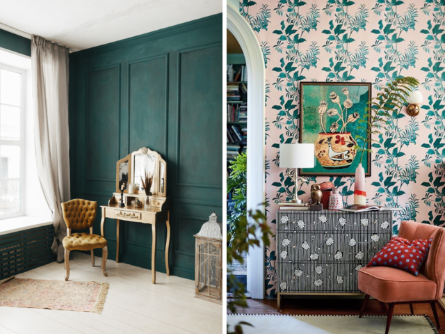 Left side is a picture of a makeup table, a chair and a dark plain wallpaper, right side is a photo with a chair, chest of drawers with flower pattern and a flower wallpaper.
