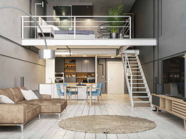 A picture of the inside of an apartment with a loft bedroom room, open plan kitchen/living room. 