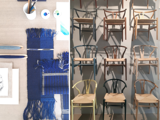 Left: Fabric and tiles samples. Right: Several chairs in the wall.