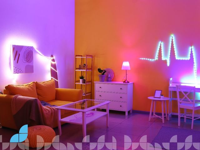 A neon style living room with alternative Christmas decorations.